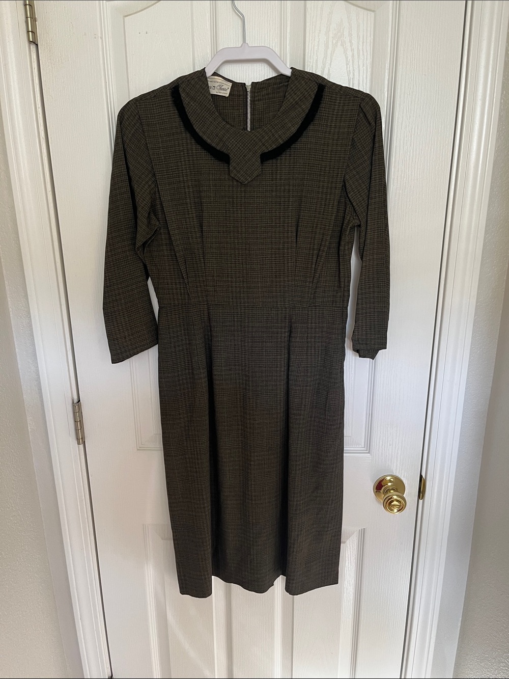 Vintage Olive Check Midi Dress with pockets! Petite Demi tasse by bay state